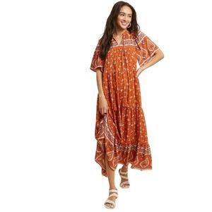 NWT In Loom Women Rust Floral Border Print Maxi Smocked Dress L Paisley‎ Floral